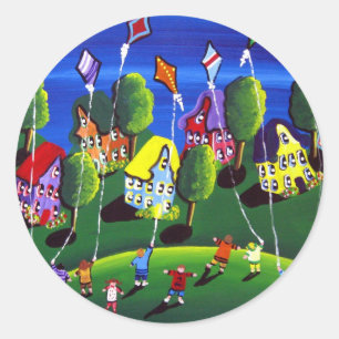 Kids Flying Kites Folk Art Classic Round Sticker