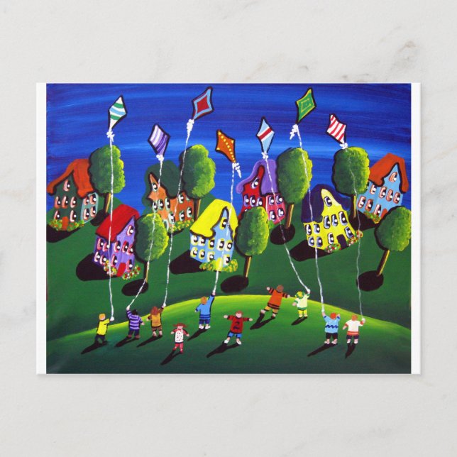 Kids Flying Kites Folk Art Postcard (Front)
