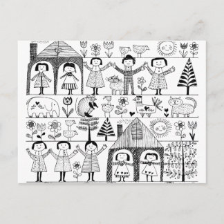 Kid's Folk Art Drawing of Children and Animals Postcard