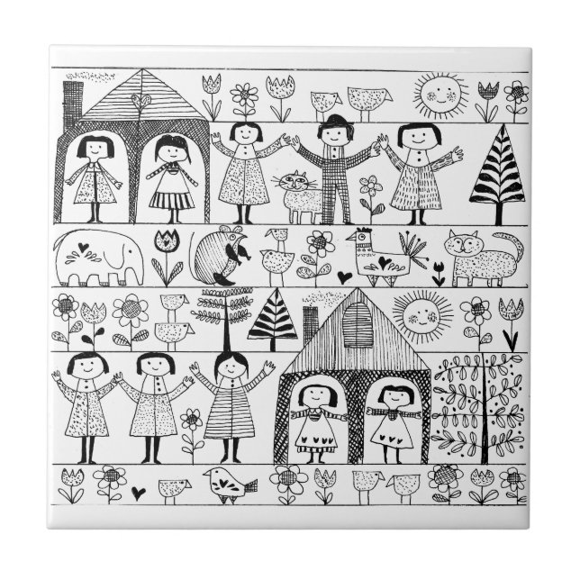 Kid's Folk Art Drawing of Children and Animals Tile (Front)