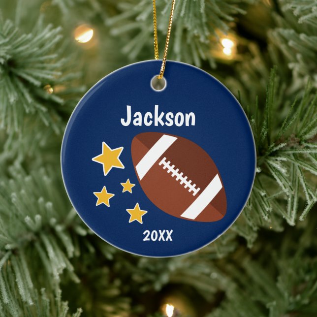 Kids Football Stars Blue Personalised Ceramic Ornament (Tree)