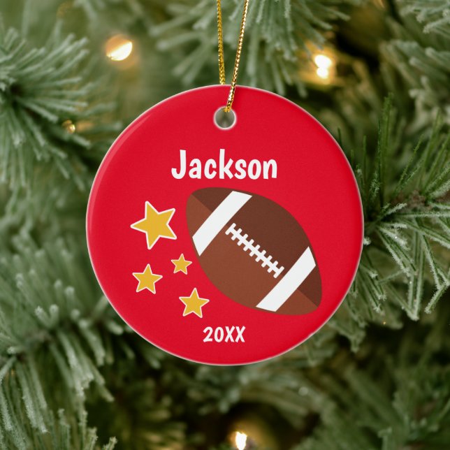 Kids Football Stars Red Personalised Ceramic Ornament (Tree)