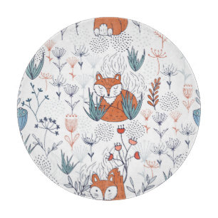 Kid's forest illustration, foxes and flowers. cutting board