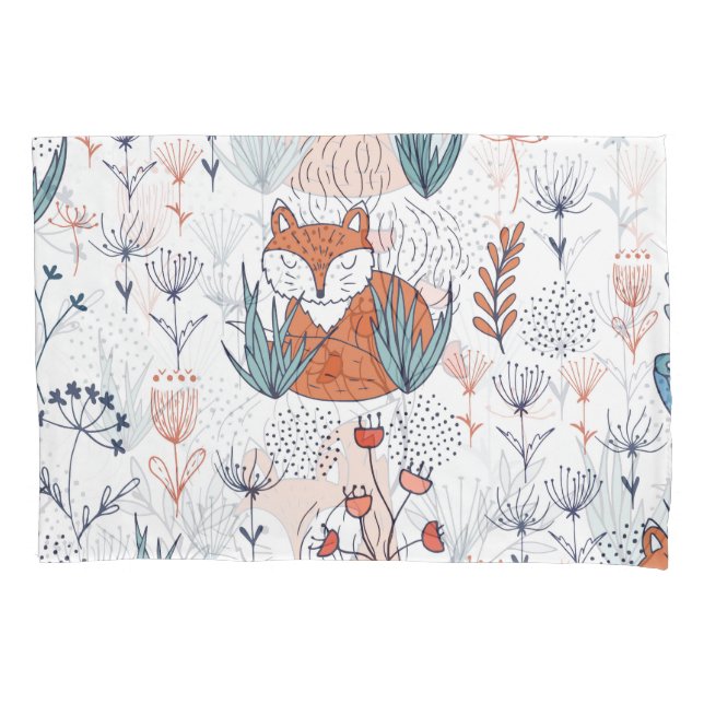 Kid's forest illustration, foxes and flowers. pillowcase (Front)