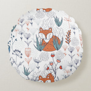 Kid's forest illustration, foxes and flowers. round cushion