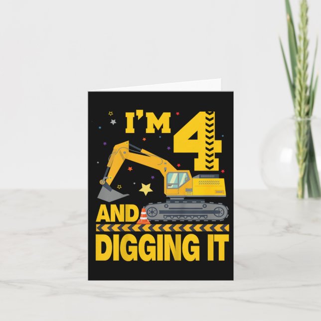 Kids Four 4yr 4th Birthday Excavator 4 Year Old Bo Card (Front)