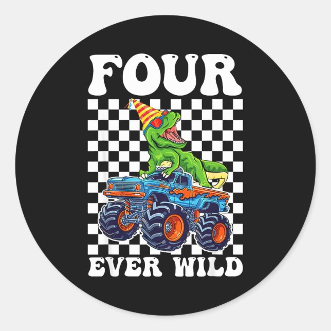 Kids Four Ever Wild Dinosaur Monster Truck 4th Bir Classic Round Sticker (Front)