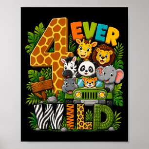 Kids Four Wild 4th Birthday Safari Jungle Animal Poster