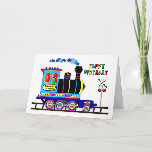 Kid's Fun Birthday Train and Engineer Name Inserts Card (Front)