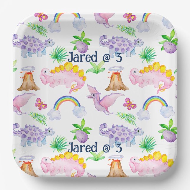 Kids Fun Dinosaur Rainbow Watercolor Jungle Paper Plate (Front)