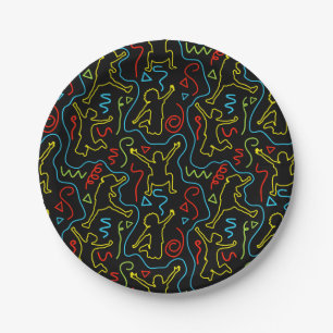 Kids Fun Jump Play Outline Neon Black Party Paper Plate