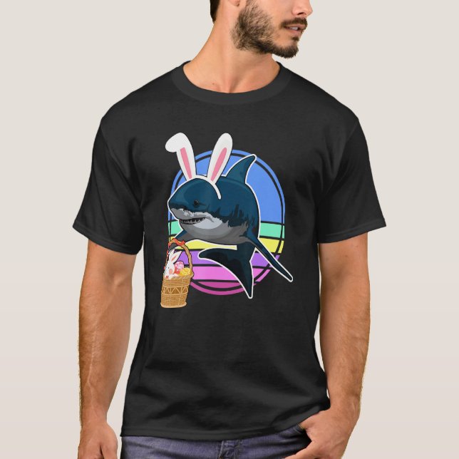 Kids Funny Easter Bunny Shark With Egg Basket Retr T-Shirt (Front)