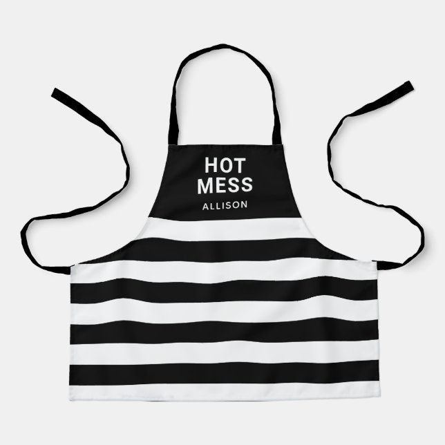 Kids Funny Hot Mess Black Stripes Personalised Apron (Front)