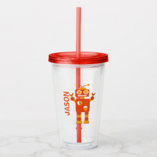 Kids Funny Orange Robot Personalised Boys Acrylic Tumbler