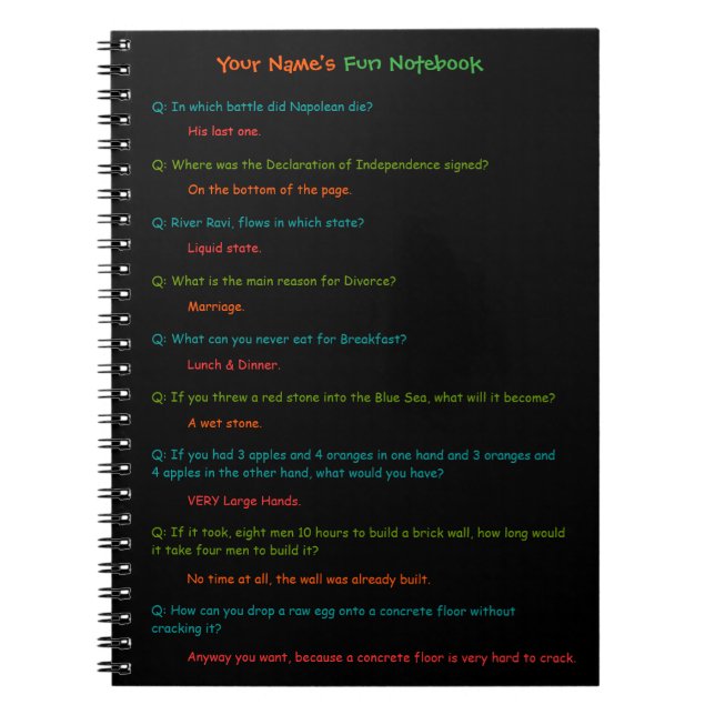 Kids Funny Test Answers Fun Spiral Custom Notebook (Front)