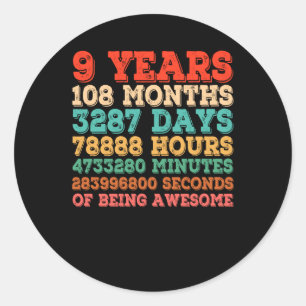 Kids Funny Vintage 9th Birthday 9 Years Old 108 Mo Classic Round Sticker