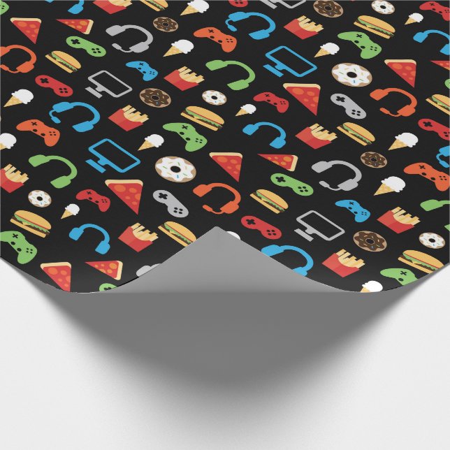 Kids Gamer Video Game Snacks Pizza Doughnuts Fun Wrapping Paper (Corner)