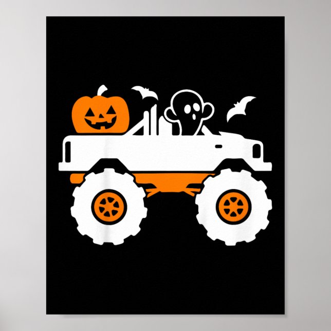 Kids Ghost Pumpkin Riding Monster Truck Lazy Hallo Poster (Front)
