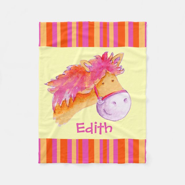 Kids girls named pony yellow bright stripes fleece blanket (Front)