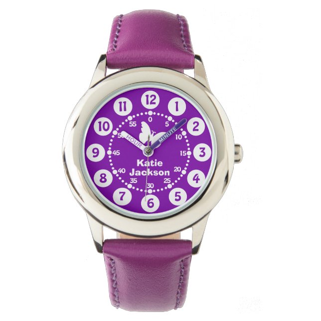 Kids girls purple & white full name wrist watch (Front)