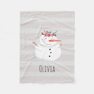 Kids Girly Christmas Flower Snowman and Name Fleece Blanket