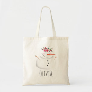 Kids Girly Christmas Flower Snowman and Name Tote Bag