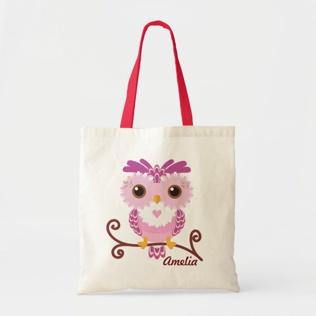 Kids Girly Pink and Purple Owl Tote Bag (Front)