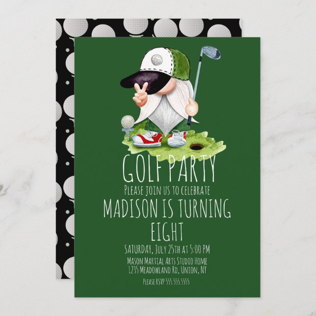 Kids Golf Balls Gnome Birthday Party  Invitation (Front/Back)