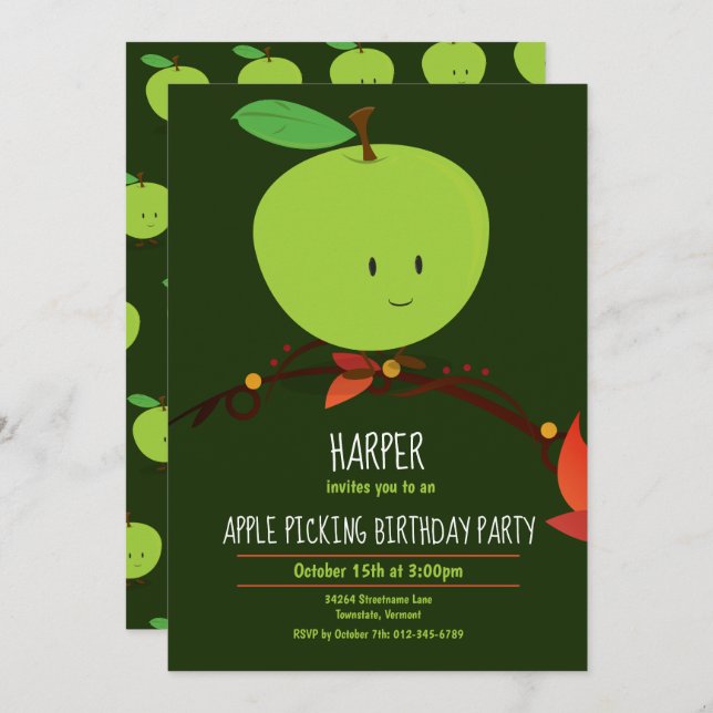 Kid's Green Apple Picking Birthday Party Invitation (Front/Back)