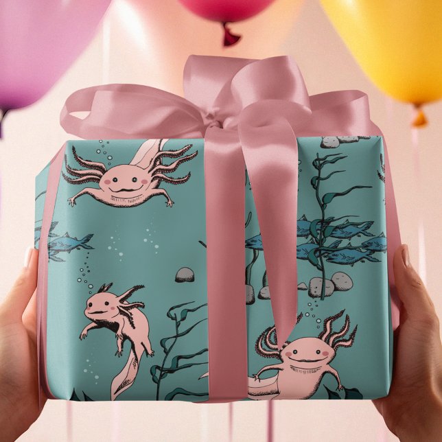 Kids Green & Blush Pink Underwater Axolotl Drawing Wrapping Paper (Adorable blush pink Axolotls swimming in turquoise river waters in their habitat with aquatic plants)
