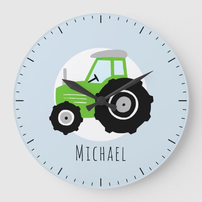 Kids Green Farm Tractor Cartoon Boys Nursery  Large Clock (Front)