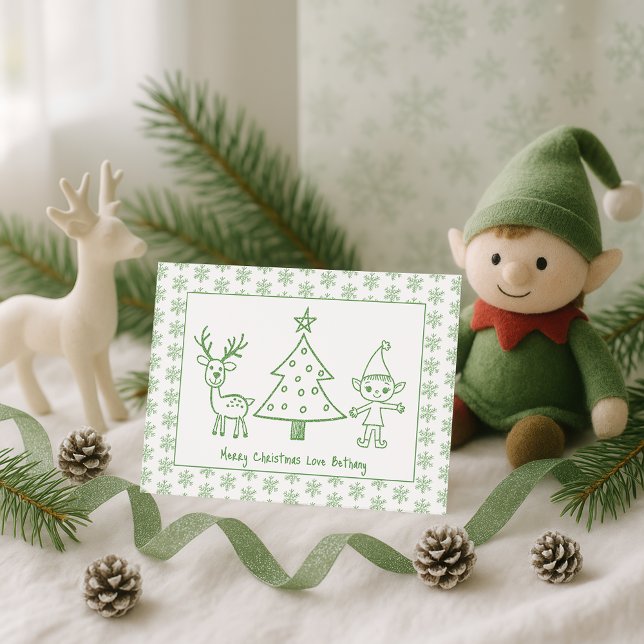 Kids Green Glitter Scribble Art Merry Christmas Holiday Card (Creator Uploaded)