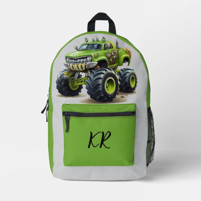 Kids Green Monster Truck Orange Flames Initials Printed Backpack (Front)
