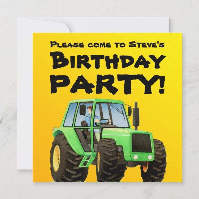 Kid's Green Tractor Party Invitation (Front)