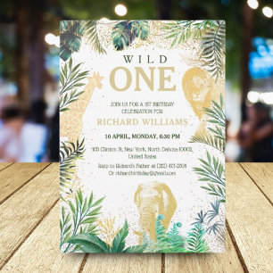 Kids Greenery Gold Wild Animals Jungle Party Invitation