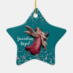Kid's Guardian Angel in Blue Christmas Theme Star Ceramic Ornament