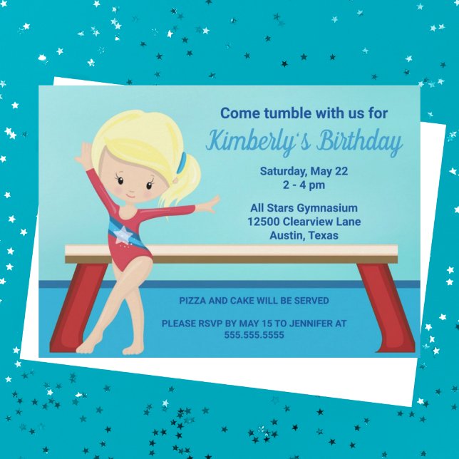 Kids Gymnastics Cute Blonde Girls Birthday Party Invitation (Creator Uploaded)