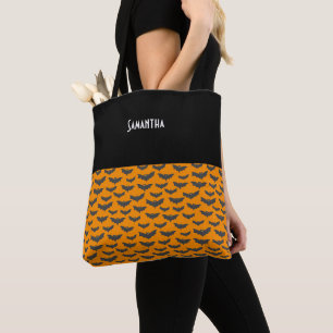 Kids Halloween 1000s of Black Bats Flying Name Tote Bag