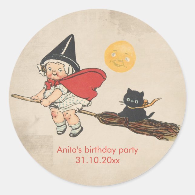 Kids Halloween Birthday Party Cute Witch Broom Cat Classic Round Sticker (Front)