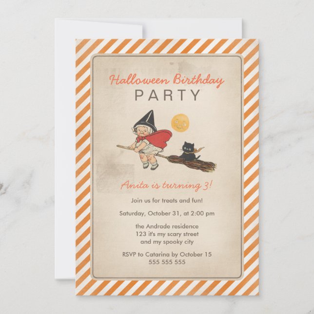 Kids Halloween Birthday Party Cute Witch Broom Cat Invitation (Front)