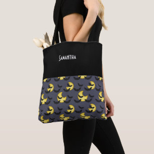 Kids Halloween Black Bats Flying Moon Night Name Tote Bag