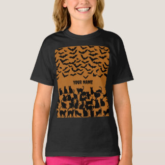 Kids Halloween Black Cat and Bat Pattern T-Shirt