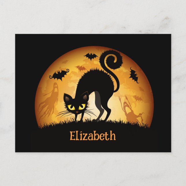 Kids Halloween Black Cat Custom Message Holiday Postcard (Front)