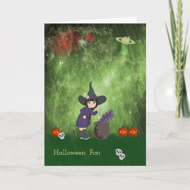 Kids Halloween Card with Witch and Brew (Front)