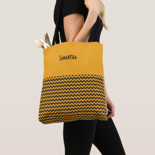 Kids Halloween Chevron Orange Black Name Tote Bag