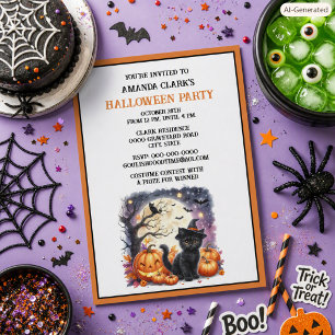 Kids Halloween Cute Black Cat Pumpkins Party Invitation