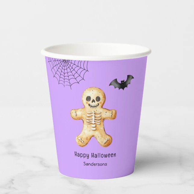 Kids Halloween Cute Gingerbread Skeleton Purple Paper Cups (Front)
