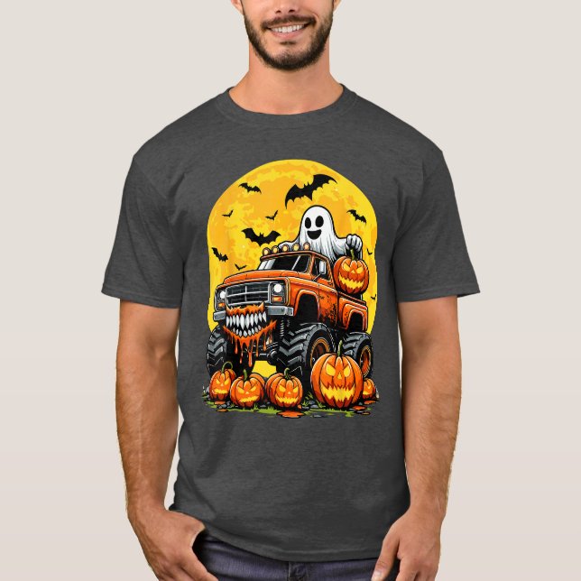Kids Halloween Monster Truck Ghost Pumpkin Boys Ha T-Shirt (Front)