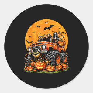 Kids Halloween Monster Truck Skeleton Pumpkin Boys Classic Round Sticker
