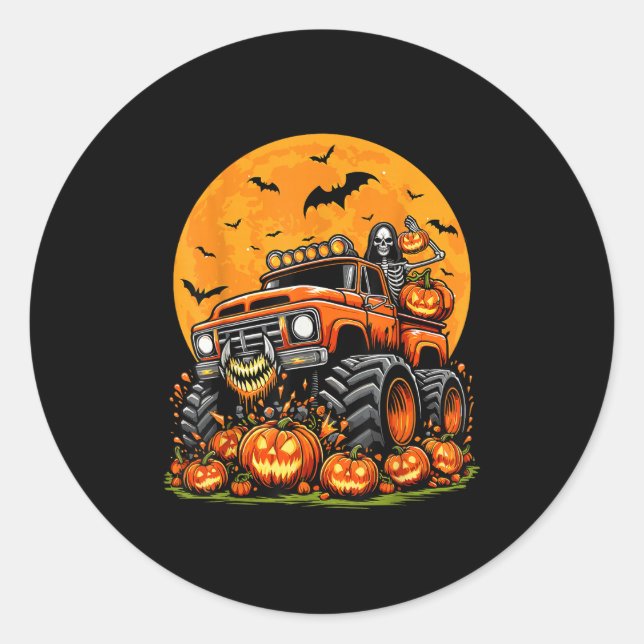 Kids Halloween Monster Truck Skeleton Pumpkin Boys Classic Round Sticker (Front)
